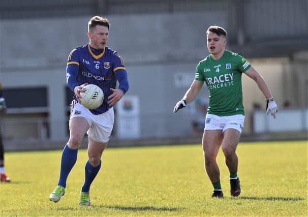 On the ball for Longford against Fermanagh is the captain Michael Quinn who was controversially sent-off in first half stoppage time Photo: Syl Healy
