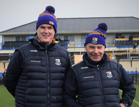 Longford senior football selectors Declan Flaherty (Rathcline) and Eugene McCormack (Carrickedmond) pictured before the NFL game against Louth on Sunday Photo: Syl Healy