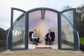 Shane Thornton and Kevin Regan pictured in one of their Aeropods upcycled from an old jet aeroplane