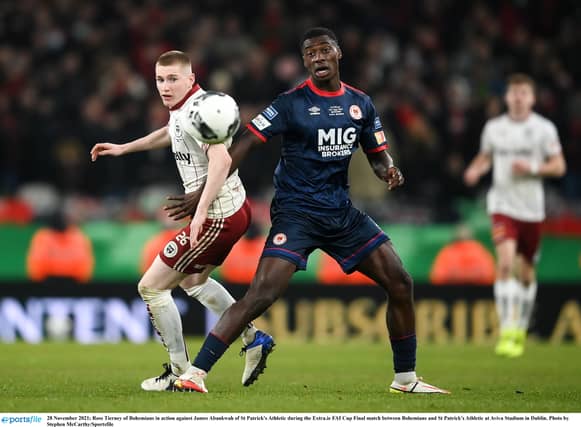James Abankwah pictured in action for St Pat's against Bohs in the 2021 FAI Cup Final at the Aviva Stadium