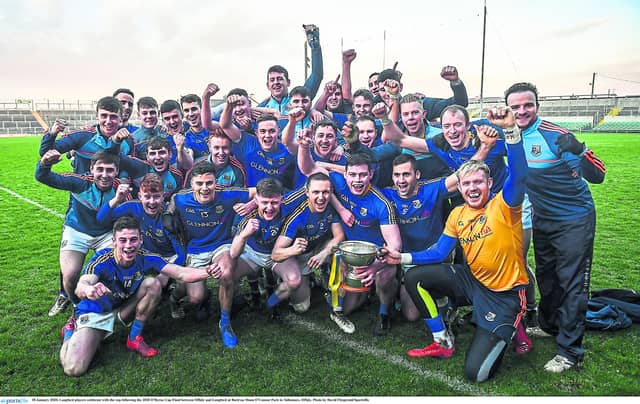 Longford players celebrate following the fine win over Offaly in the 2020 O'Byrne Cup Final at Bord na Mona O'Connor Park in Tullamore on January 18