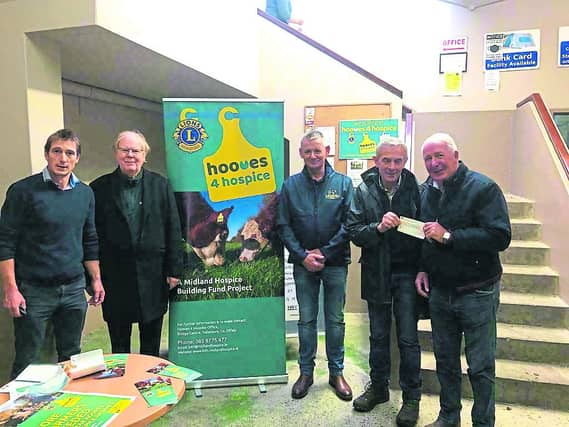 At the 'Hooves 4 Hospice' sale at Ballymahon mart last Thursday were William Jones, Manager Ballymahon mart; Christy Maye, Greville Arms Hotel (sponsor of a bottle of whiskey for each animal purchaser