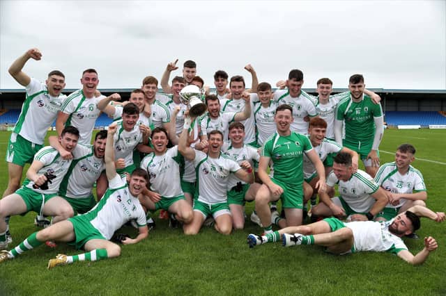 The jubilant Killoe squad celebrating with the Connolly Cup after winning the 2020 SFC final on Sunday last Photo: Syl Healy