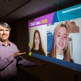 Child Talks 2020 participants  Emer Neville from Clonmel and India from Laghey in Donegal with the Ombudsman for Children Dr Niall Muldoon