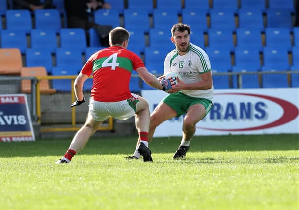 Mark Hughes on the attack for Killoe in facing the challenge of Mostrim defender Niall Quinn in the 2020 SFC semi-final Photo: Syl Healy