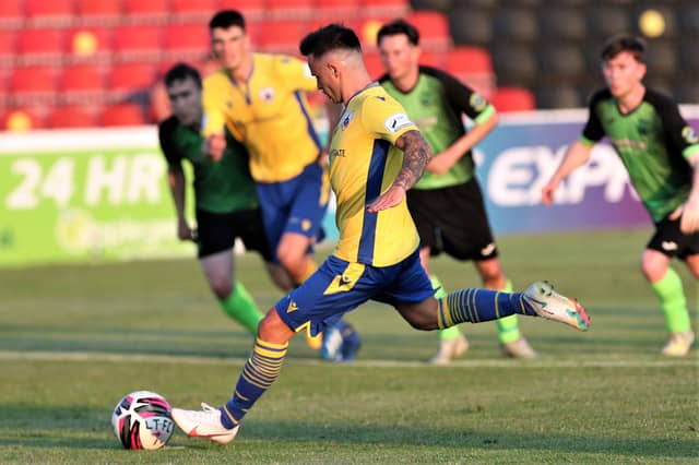 Dylan Grimes scoring the penalty for the second Longford Town goal against Bangor GG in the FAI Cup Photo: Syl Healy