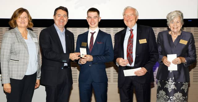Principal Josephine Donohue, Minister for Finance Paschal Donohoe TD, County Longford winning scholar Cian Belton, Martin and Carmel Naughton Picture: Kieran Harnett