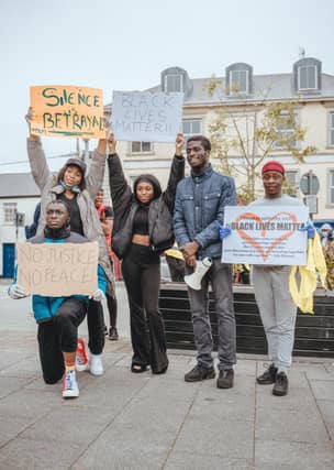 Lola Adeyinka, Annabeellaa Idomele, Eric Ehigie, Tolu Onayemi and Nelvin Appiah (front) at Saturday’s Black Lives Matter protest, which took place at the Market Square, Longford Pic: Mateusz Bednarek