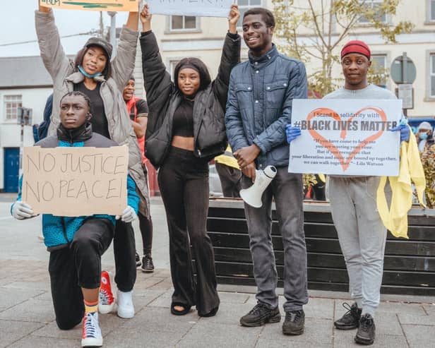 Lola Adeyinka, Annabeellaa Idomele, Eric Ehigie, Tolu Onayemi  and Nelvin Appiah (front) at Saturday’s Black Lives Matter protest, which took place at the Market Square, Longford Pic: Mateusz Bednarek