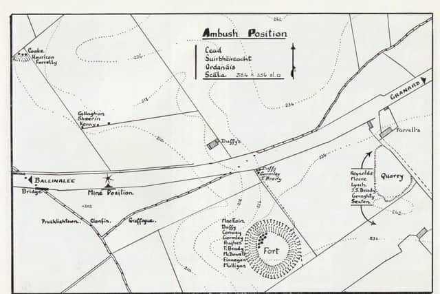 Below: Drawing showing the positions occupied by the 21 IRA men at the Clonfin Ambush (from Teathbha 1971)