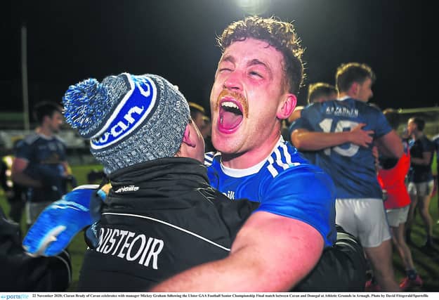 Cavan footballer Ciaran Brady from Arva celebrating with manager Mickey Graham following the fantastic win over Donegal in the Ulster Senior Championship Final Photo: David Fitzgerald/Sportsfile