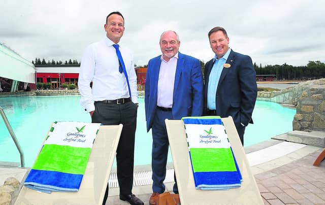 An Taoiseach Mr Leo Varadkar, TD, pictured taking a walk in the ‘parc’ with Martin Dalby, CEO of Center Parcs and Daragh Feighery, General Manager of Center Parcs Picture: Marc O'Sullivan