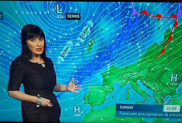 Jean Byrne presents Met Éireann's Storm Dennis weather forecast on RTÉ.