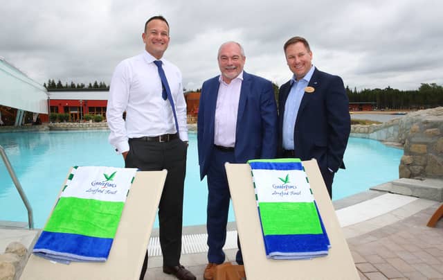 An Taoiseach Mr Leo Varadkar, TD, is pictured taking a walk in the ‘parc’ with Martin Dalby, CEO of Center Parcs and Daragh Feighery, General Manager of Center Parcs Longford Forest