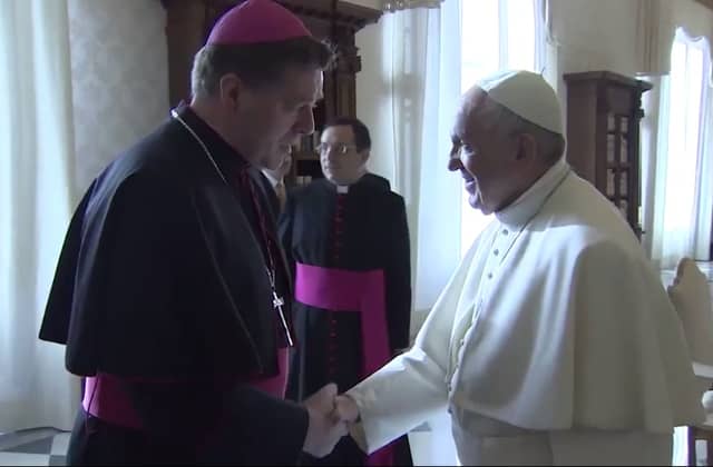 Bishop Francis Duffy meets Pope Francis in Rome.