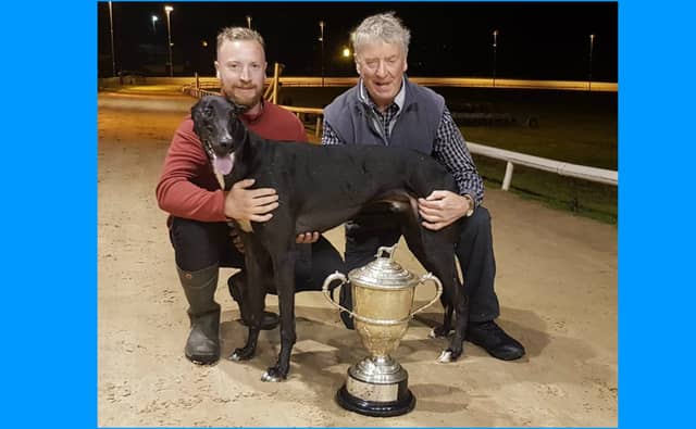 Niall & Eric Foley after landing the 2019 Liam Clancy & Harry Ryan Memorial Longford Derby on Friday at Longford Greyhound Stadium