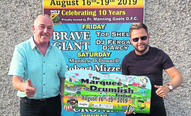 Pictured l to r: Festival Committee Chairperson, Pakie Duffy, with country music star Derek Ryan, who will perform on Saturday night of the Marquee in Drumlish Festival