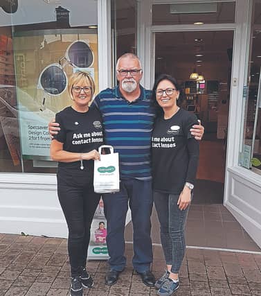 Specsavers Longford Store Manager Monica Tully and Dispensing Assistant Irmante Kasperaviciene with competition winner Noel Masterson