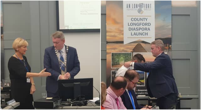 Left: Administrative officer of Longford County Council Anne Lee offers a hand of congratulations to newly elected cathaoirleach Micheál Carrigy. Right: Gerard Farrell accepts his chain