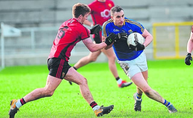 Longford midfielder Darren Gallagher pictured in action against Down in the National Football League Division 3 game at Glennon Brothers Pearse Park at the end of February. Photo: Declan Gilmore