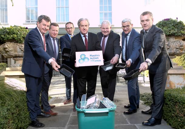 (L:R) Paddy Callaghan founder of Nature’s Best (prepared salads); John Walsh, Irish Country Meats (lamb); David Keeling ,Managing Director, Keelings Retail (fruit) Aidan Cotter, Chair of the project a