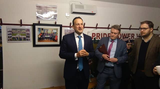 Taoiseach Leo Varadkar addresses onlookers at Mullinalaghta St Columba's GAA club this evening.