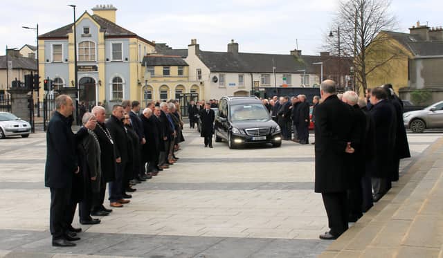The funeral of the late Peter Kelly TD arriving at St Mel's Cathedral, Longford. Photo: Syl Healy