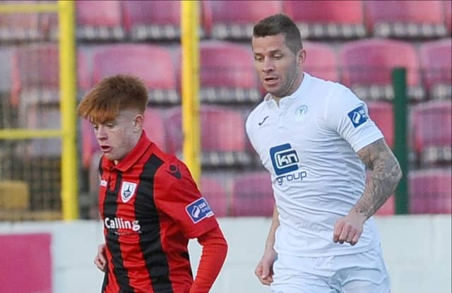 Aodh Dervin pictured in action for Longford Town ahead of Finn Harps opponent John O'Flynn in the SSE Airtricity League First Division game at City Calling Stadium last Saturday night. Pic: D Gilmore