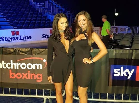 Ballymahon model Maura Higgins (left) at the Ryan Burnett v Zhanat Zhakiyanov boxing match in The SSE Arena, Belfast. Photo credit: SBJ Model Management @SBJmanagement