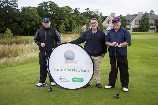 Robert Cleary & Thomas Brennan from County Longford Golf Club are pictured alongside NCBI representative Chris Ryan before the Leinster Final of the Specsavers HolmPatrick Cup.