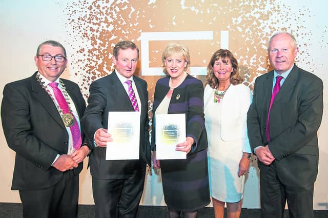 Cathaoirleach Cllr Mick Cahill, Taoiseach Enda Kenny, Arts Minister Heather Humphreys, Longford County Librarian Mary Carleton Reynolds and Longford County Council Chief Executive Paddy Mahon