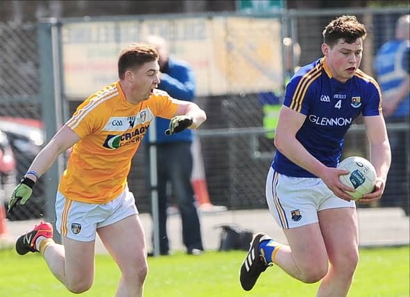 Andrew Farrell pictured in action for Longford against Antrim in the National Football League Division 3 game at Corrigan Park, Belfast on Sunday last. Photo: Declan Gilmore