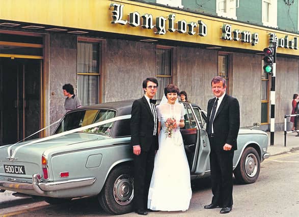 A publicity photo for the Longford Arms Hotel from the early 1980s shows the late Jim Reynolds welcoming Donal Winters and the late Margaret Jones to the hotel for their wedding reception.