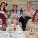 Grace Dunbar, Grace Hanley, Siobhan Holly, Annemarie Dunbar, Niamh Hanley and Teresa Dunbar enjoying the annual Maria Edgeworth 18th Century Mostrim Tea Party
