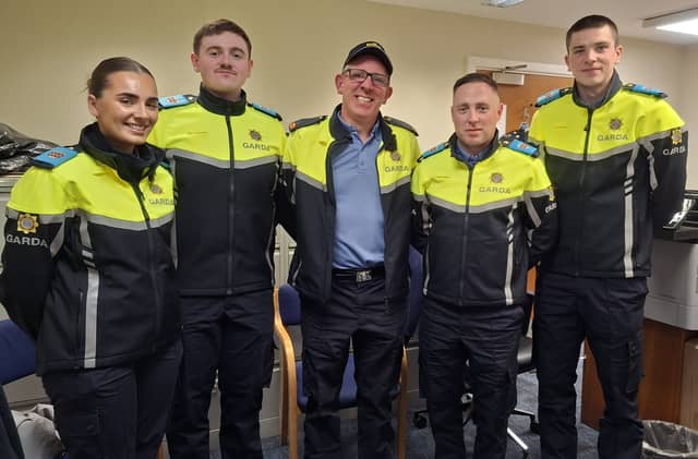 Future Gardaí: Caitlyn O'Reilly, Daniel Rogers, John Fogarty, and Connor Casey with Inspector Declan McGlynn