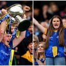  Longford captain Reuben Murray lifts the Lory Meagher cup  and a fan celebrates 