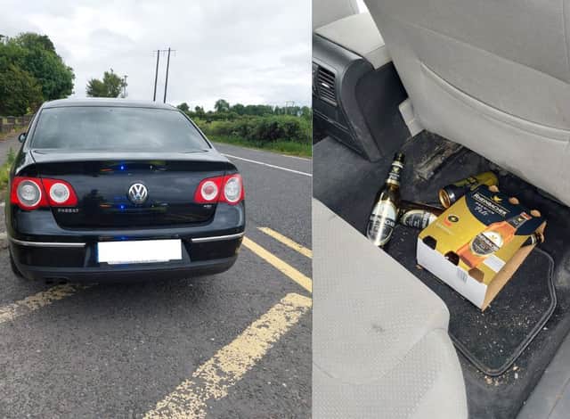 Left: The car that was stopped by Gardaí. Right: Bottles of alcohol behind the driver's seat.