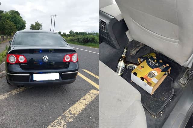 Left: The car that was stopped by the Longford Roads Policing Unit. Right: Bottles of alcohol behind the driver's seat.