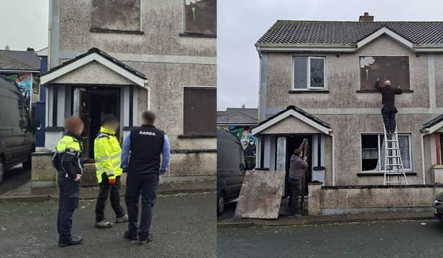 FEBRUARY 11 2026: As the houses were being boarded up with steel barriers, Gardaí were called to the scene to inspect the damage inside 
