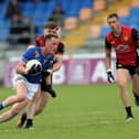 Cian Brady on the ball for Longford against Down. Action from the Tailteann Cup Round 3 clash at Glennon Brothers Pearse Park on Saturday evening Photo: Syl Healy 

