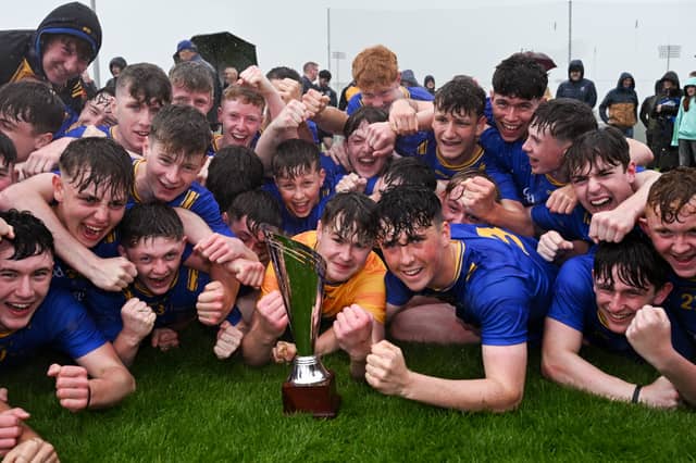 Jubilant Longford players celebrate winning the Electric Ireland Celtic Challenge Corn Michael Feery Cup final against Fermanagh at the GAA National Games Development Centre in Abbotstown, Dublin on Saturday last Photo: Paul Phelan/Sportsfile