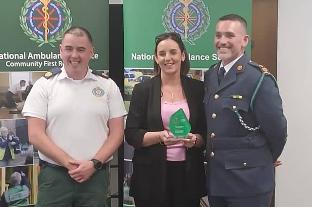 Yvonne Donaghy, who was instrumental in establishing North Longford First Responders, accepting her award from the National Ambulance Service for her outstanding service to Community First Responders