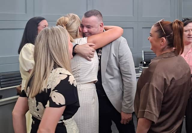 Cathaoirleach Kevin Hussey hugs his wife Carol following his election as Cathaoirleach