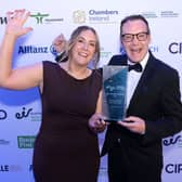 Marie Lynch, Account Director, Carr Communications Ltd, Johnny Fallon, Strategy Director, Carr Communications Ltd celebrating winning  Best Consultancy Firm at eir Business Chambers Ireland Awards 