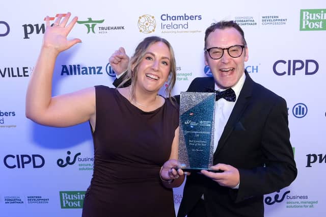 Marie Lynch, Account Director, Carr Communications Ltd, Johnny Fallon, Strategy Director, Carr Communications Ltd celebrating winning Best Consultancy Firm at eir Business Chambers Ireland Awards