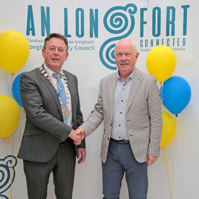 Cathaoirleach Gerry Hagan with Paddy Mahon at a recent celebration event in council offices to mark Paddy's time with Longford County Council