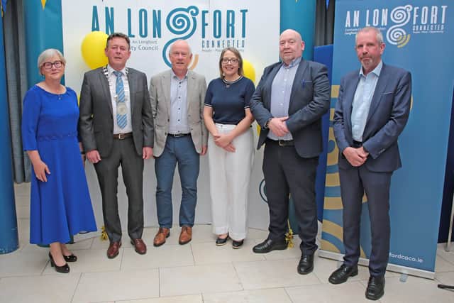 Paddy Mahon with his Longford County Council colleagues, L-R - Director of Services Barbara Heslin, Cathaoirleach Gerry Hagan, retiring Chief Executive Paddy Mahon, Director of Services, Samantha Healy, Director of Finance John McKeon, and Deputy Chief Executive John Brannigan