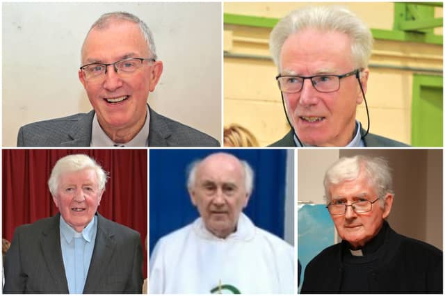 The five priests that are retiring in the Diocese of Ardagh and Clonmacnois. Top: Fr Bernard Hogan (parish priest in Drumlish) and Fr Ciaran McGovern (parish priest in Clonguish). Bottom: Fr Seamus McKeon (parish priest in Colmcille), Fr John Quinn (parish priest in Gortletteragh) and Fr Sean Casey (parish priest in Killoe)