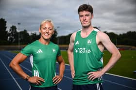 Athletes Sarah Lavin and Cian McPhillips pictured during an Athletics Ireland merchandise launch at Morton Stadium in Santry, Dublin Photo: Shauna Clinton/Sportsfile 