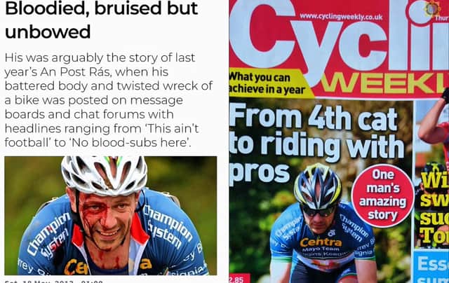 Left: Garda Donal Harrington's Rás story featuring in a national newspaper. Right: Making the front cover of Cycling Weekly Magazine